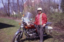 My uncle ready to travel the country.  He did that often on that bike of his.  Kodachrome slide.
(ShorpyBlog, Member Gallery)