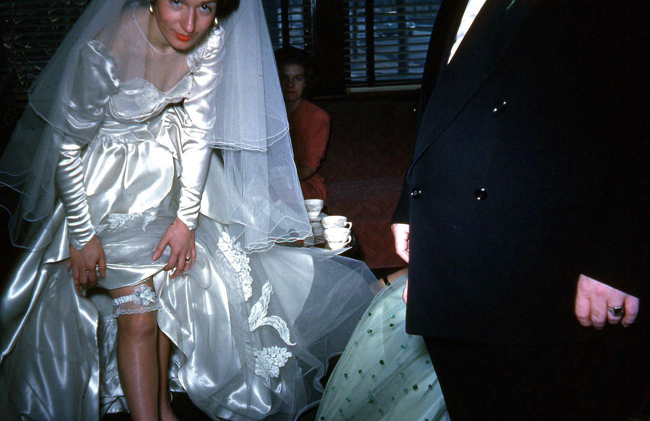 Mom on her wedding day, January 1954. Kodachrome slide. View full size.