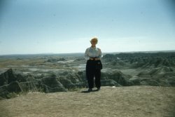 My Uncle Steve took his mom on a road trip a time or two.  This must be the Badlands sometime during the 50's.  Kodachrome.
(ShorpyBlog, Member Gallery)