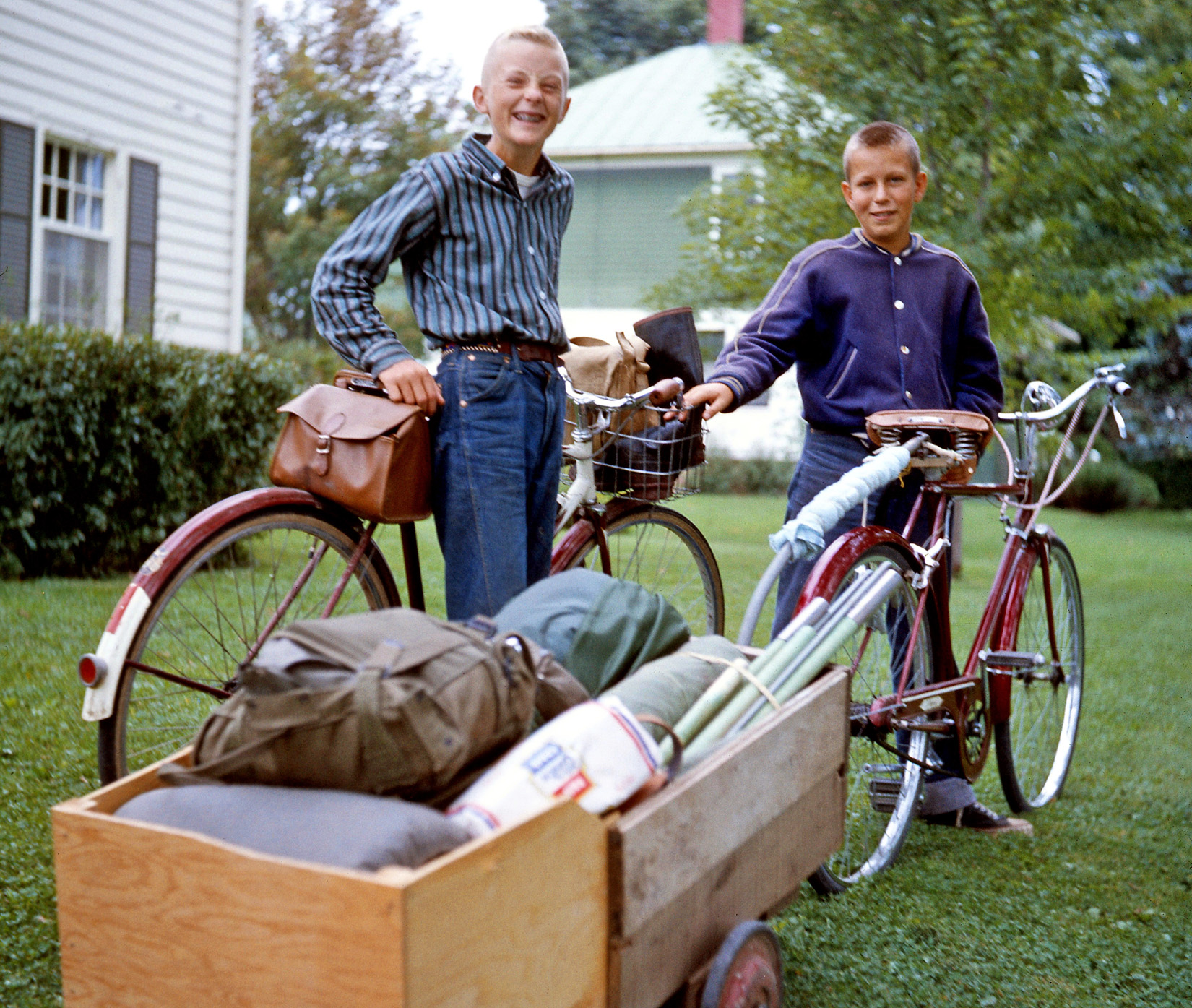 This is my oldest brother and one of his buds, heading off for a weekend of camping, riding their bikes on two-lane blacktop and gravel back roads in the Eastern Townships, Quebec, summer of '59. View full size.



