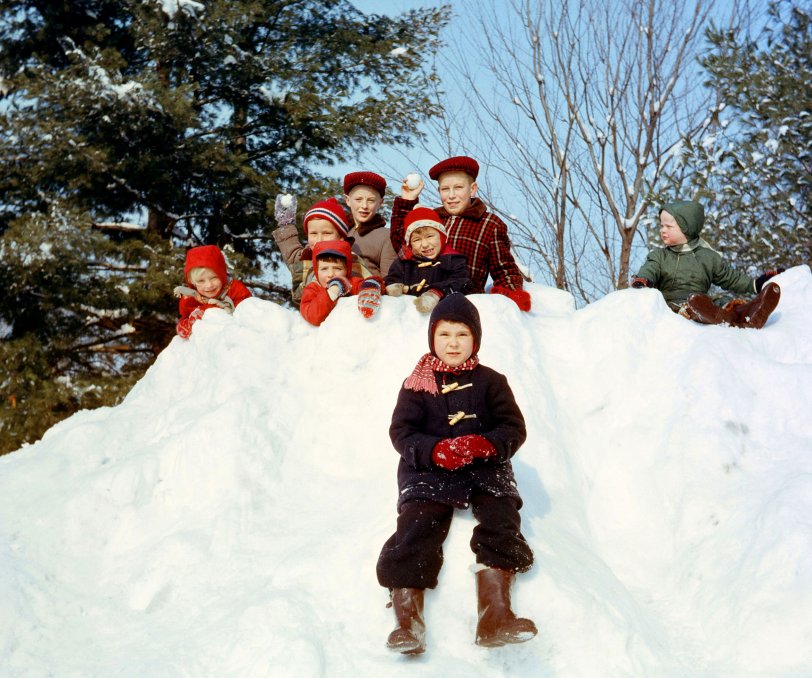 The winter of 2013-14 may seem brutal, but as a kid in Bedford, Quebec (just a few miles north of Vermont), in the late 1950s, I loved winter. We played outside all day, summer and winter (no electronic distractions!), and this shot shows a bunch of us on a twelve-foot pushed-up snow pile on the laneway of a neighbour. Many snowball fights and slides ensued. This is circa 1957 and I'm the little guy in the front with the slippery plastic boots, great for traction (not!). View full size.
