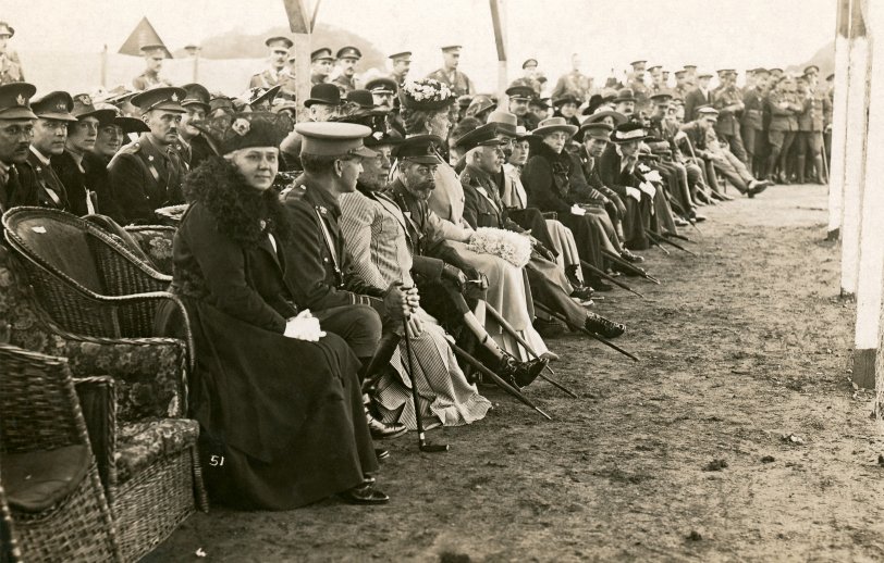 King George V and Queen Mary attending a military function, accompanied by Canadian Army officers (notice the maple leaf cap badges of the officers standing behind the VIPs). The reverse of the photo is stamped "Geo. Collard, Press Photographer, 19, Hartfield Crescent, Wimbledon, S.W. 19". This photo belonged to my great-grandfather Frank H. Briggs of Hamilton, Ontario, who was a dentist in the British Army. Not sure of the date, but judging by the King's appearance, probably the 1930s (he died in 1936). View full size.
