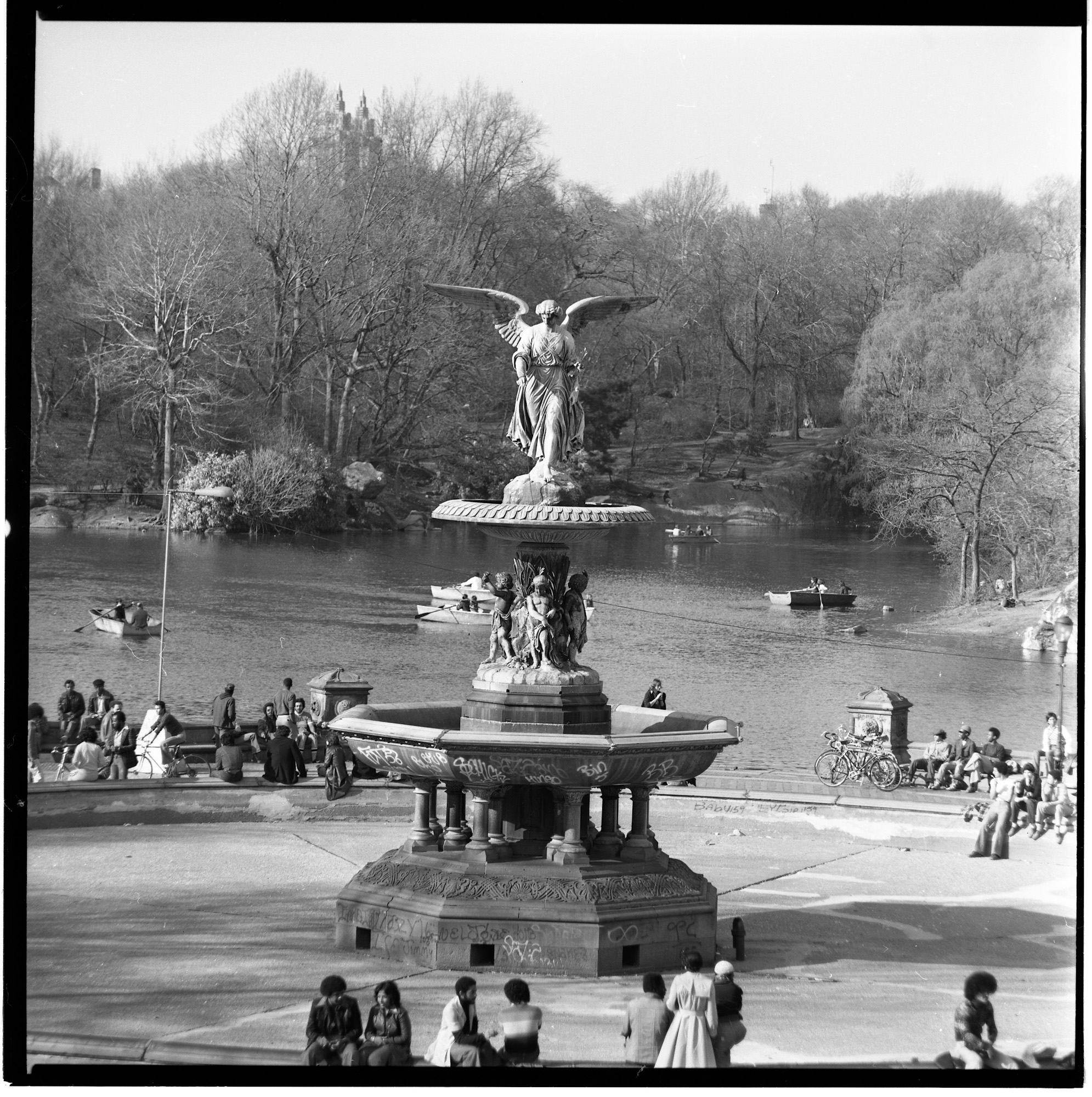 Bethesda Fountain, Central Park, New York City, Winter 1975. Film was 220 roll film loaded in a Bronica (6 x 6 format). View full size.