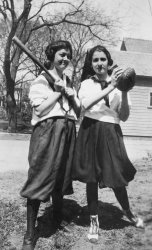 Iola, Kansas, 1922: My Great Aunt Francelia (right) and a teammate show off their ballpark bloomers on an early Spring day. I don't think they were actual traveling Bloomer Girls, but they surely looked the part. View full size.