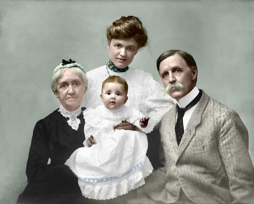 Colorized from Shorpy.  "W.H. Jackson and family. William Henry Jackson with mother Harriet and probably daughter-in-law (wife of Clarence S. Jackson) and grandson Billy (b. 1902)." View full size.
