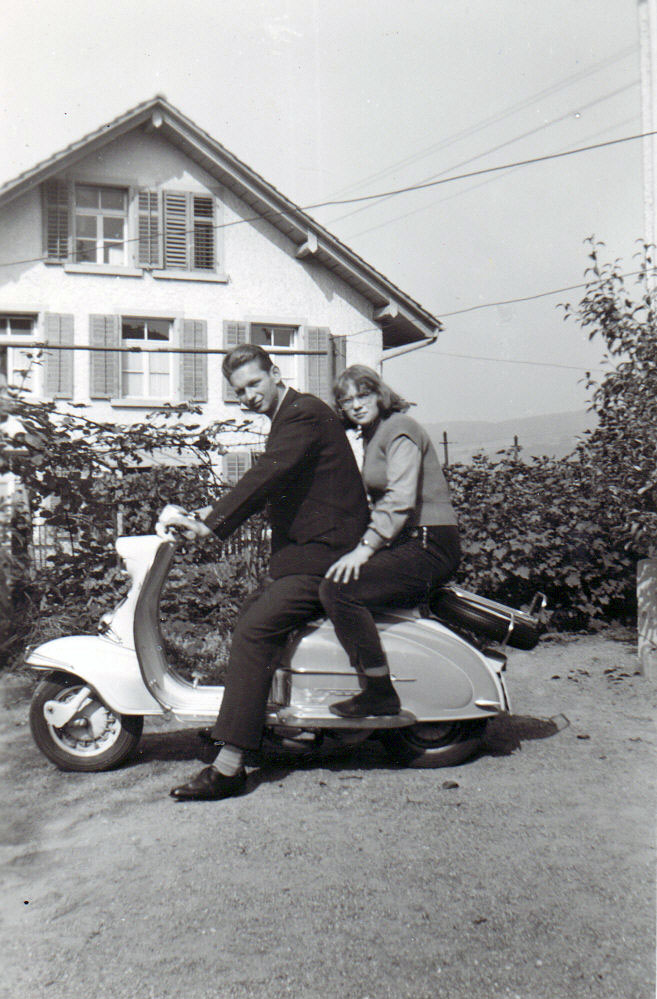 My uncle with my godmother near Zurich, Switzerland in 1959. The motor scooter is a Lambretta. View full size.