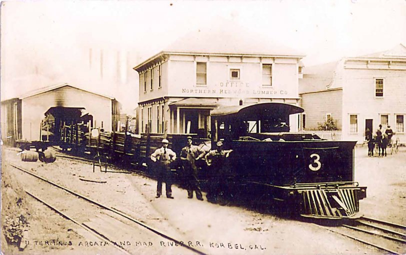 Train in the mill town of Korbel, in Humboldt County, California, on the Arcata Mad river railroad. Taken about 1911.
