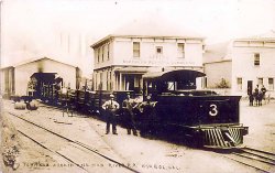 Train in the mill town of Korbel, in Humboldt County, California, on the Arcata Mad river railroad. Taken about 1911.
Loco #  3Notice the cow catcher (pilot) on the rear of loco on the tender, for running in reverse to keep anything or anyone from getting run under the wheels. And the long tong for coupling cars, you'd never see this on regular steam locos. Very interesting shot.
(ShorpyBlog, Member Gallery)