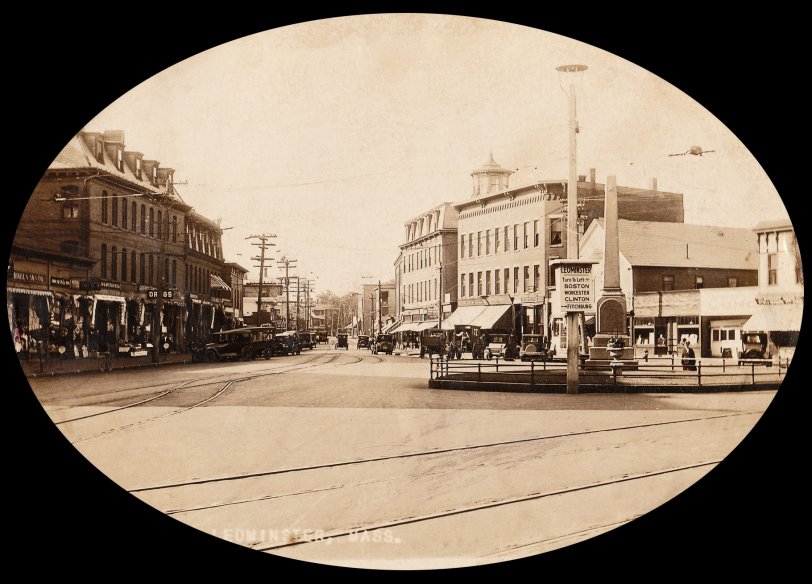 This is the center of Leominster, Massachusetts. My mother group up in this town. I believe it is from the 1920s but I'm not certain. View full size.

