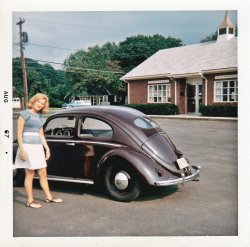 August 1967, in a small parking lot next to my parents' home in Agawam, Massachusetts. My then-girlfriend, Madeleine, is standing next to my 1950 VW, which I had restored the previous year. I think I was one of the earliest to take an interest in "vintage" VWs -- when the car was a mere 15 years old. But even then the earliest split window VWs were rare (only a few hundred were sold in the US in 1950). I paid $85 for it in late 1965. It would be worth a bit more today. View full size.
What a gem!I love the layering of plans, the copice next to the house, the beautiful beetle, the electric lines (a mere whim of mine), the perfect colours, the lovely young woman and her sandals!
(ShorpyBlog, Member Gallery)