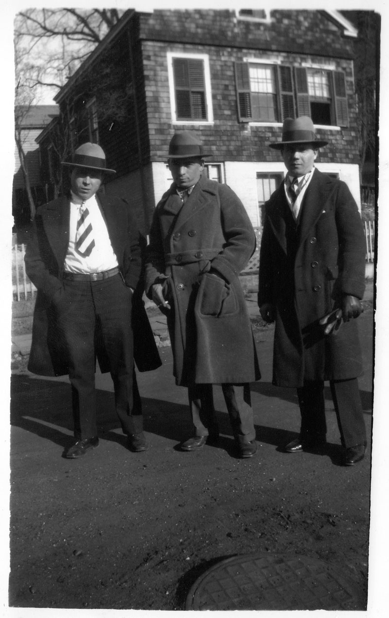 It's not a mafia meeting, but it sure looks like it. This is a 1927 photo taken in Norwich, Conn., of my grandfather, Pasquale, on the left; his brother, Luciano, on the right; and Pasquale's cousin, Pietro, in the center. Incidentally, in 10 years, that building behind them got a storefront and was my grandfather's Italian-American grocery store from 1937-69. View full size.