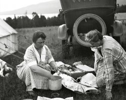 Roughing it out on a camping trip, late teens, early 1920's. From my negatives collection. View full size.
[I'd say late-20s at the earliest. -tterrace]
NewspaperI see the paper is the Boston Herald, and the lady on the right seems to be reading it.
(ShorpyBlog, Member Gallery)