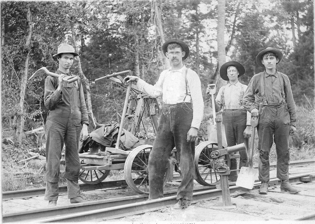 This image shows Frederick W. Reiman (center) as leader of a railroad Section Gang in 1899. The men are working somewhere on the line near Manistique, Michigan, in the east-central Upper Peninsula. Names of the other workers are unknown.

Fred was the eldest child of Gottlieb and Caroline (Pfeiffer) Reiman. He was born in Detroit, Michigan on Dec. 11, 1873. In the 1900 census, he is listed as a railroad laborer living in Manistique. He would continue to work on the railroad for the rest of his career, moving up to Section Foreman and Road Master. He and his wife Mary lived in Manistique the rest of their lives. 

The handcar being used in this photo was manufactured in Three Rivers, Michigan. Though a portion of the company name is obscured, it was likely produced by Fairbanks, Morse & Co. which had purchased a controlling interest in the Sheffield Velocipede Car Company in 1888. George Sheffield began producing railroad handcars in Three Rivers in 1879 and they were used around the world for many years. View full size.