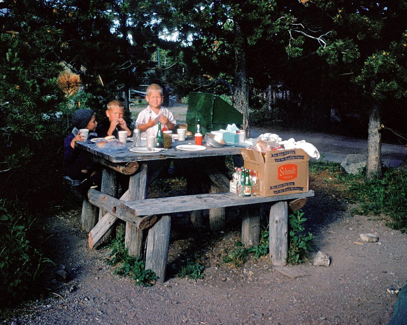 Kids of the Red Chevy family. "Camping near Many Glacier. Glacier Nat. Park, Montana. July 3 1960." Underexposed Kodachrome. View full size.