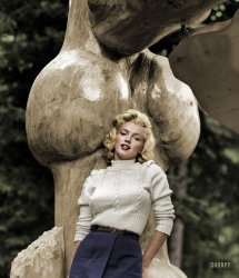 Colorized from this Shorpy original. A picture taken during filming of the movie River of No Return.  Marilyn really does make everything look good.  This was colorized using Photoshop CS6.  Each area was selected and defined as a layer, and then the color was specified with the hue/saturation tool.  A transparent layer was put on top, and more color was added with the paintbrush tool.  The whole process took less than 8 hours. View full size.