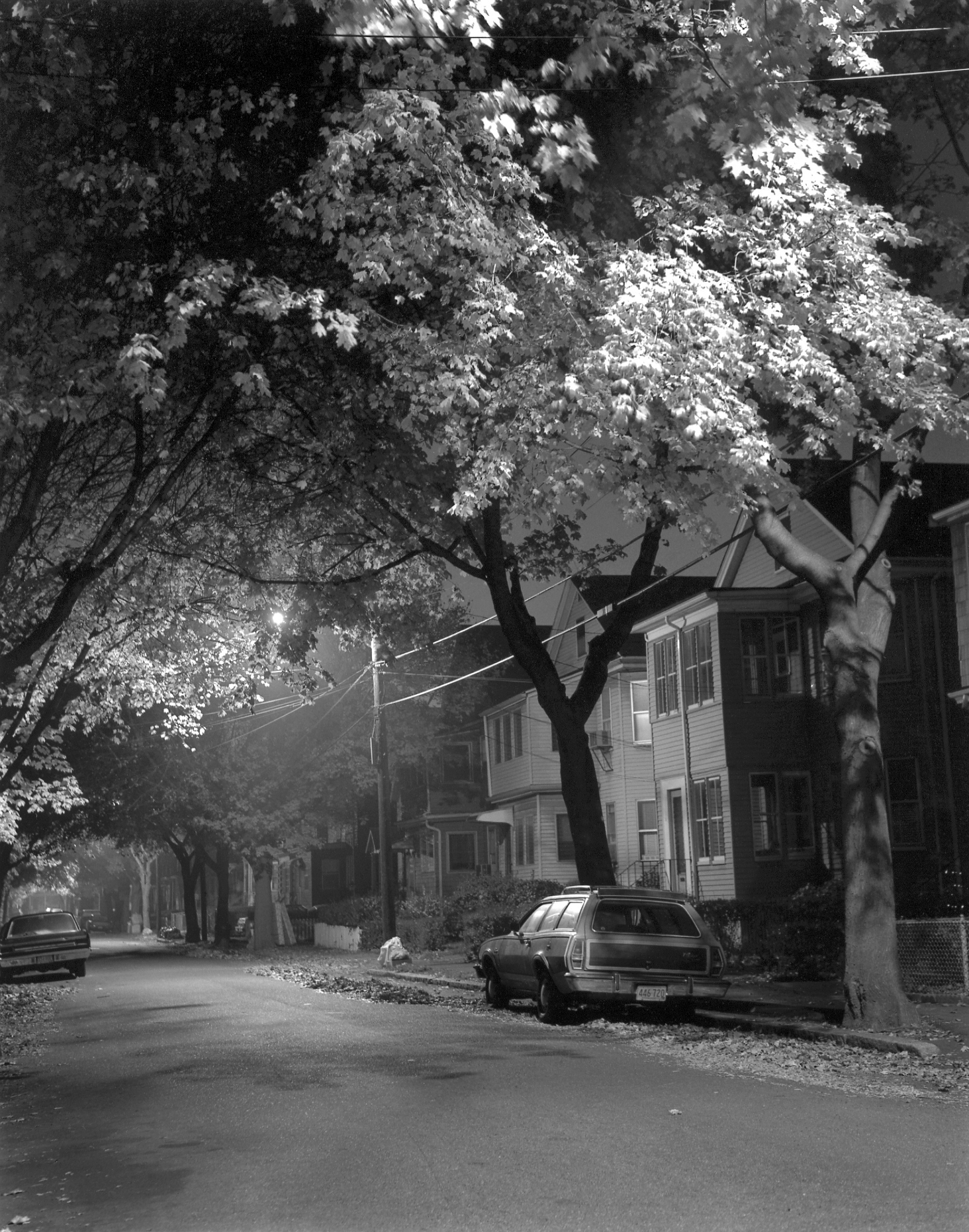 Medford, Mass., circa 1977. Marion Street about 2 a.m. around the corner from my house. It was fall and the leaves were just turning over a Pinto wagon with fake wood paneling. I took this for a class at the New England School of Photography.  The exposure was about a minute with a 4x5 view camera. The wind hardly moved. It was a truly beautiful timeless moment. View full size.