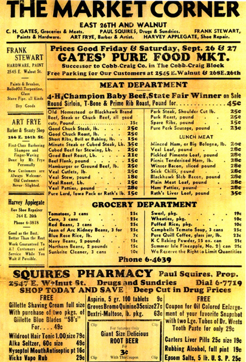 Ad for C.H. (Charley) Gates Pure Food Market and the Market Corner located on Walnut St. in Des Moines, IA. Uncertain of actual date of this ad perhaps the early 20's or 30's. Charles Gates (1862-1944) was a long time resident and businessman in Des Moines. He raised five sons and a daughter with his first wife, Lottie Grace Watson Gates and a son and a daughter with his second wife, Martha Bradimus Callan Gates.

This ad may be of interest to other families who may have a family member who also ran one of the businesses mentioned in this ad: Paul Squires, Frank Stewart, Art Frye, Harvey Applegate.