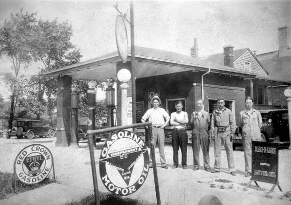 This Chicago service station was owned by John Meseth, before WWII. The man on the far right is my father, William Hager. The man in the middle is Harry Meseth. The man on the left is another Meseth. The 2nd and 4th men are unknown and the date is  uncertain, but my dad was born in 1907, so this is probably around 1930. View full size.