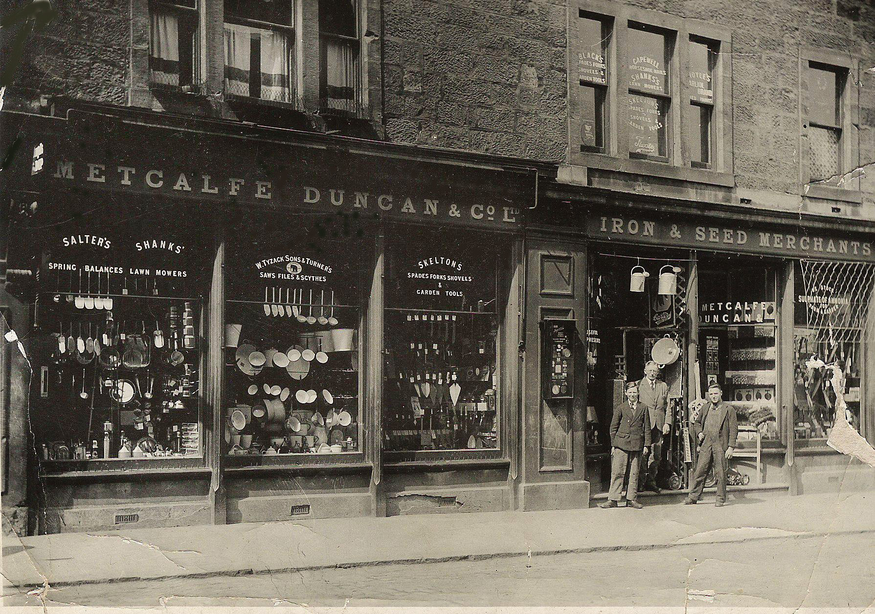 Metcalfe & Duncan were an ironmongery business in Dalkeith, Midlothian, Scotland. My father William Wight served his apprenticeship there, and (war service apart) worked as an ironmonger all his working life. He is on the right of this photo which was probably taken mid 1930s. If my memory is correct the chap on the left was called Eric Hunter and the man in the middle was the manager whose name I don't recall. View full size.
