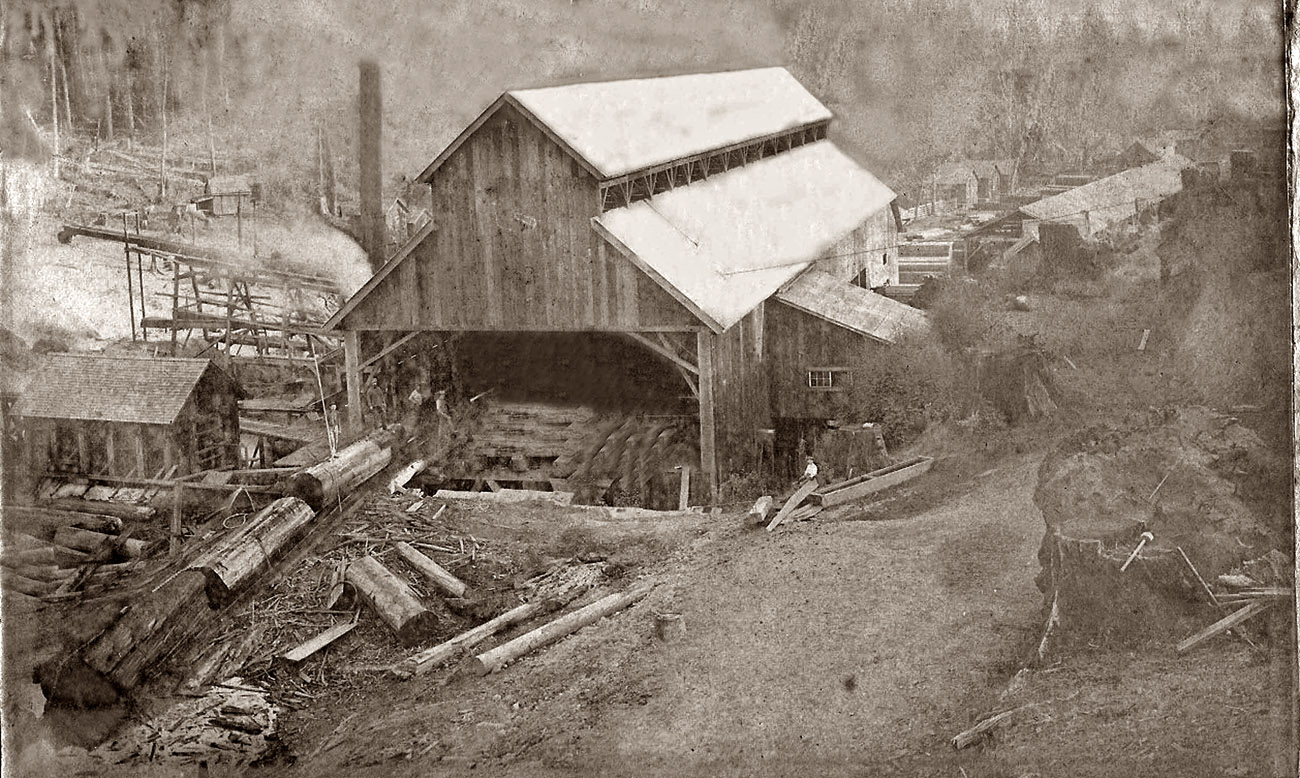 This is lumber mill in Glendale Humboldt County, Calif. Someone had written on the picture "first picture of the mill, 1883," this is about the time it was built. In the foreground you can see the logs coming out of the log pond. This photo had a lot of damage on the top third, I cleaned it up the best I could. Photographer is unknown.
