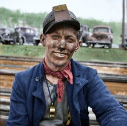 November 1942. "Pittsburgh, Pennsylvania (vicinity). Montour No. 4 mine of the Pittsburgh Coal Company. Coal miner at end of the day's work." Medium-format negative by Johh Collier for the Office of War Information. View full size.
(Colorized Photos)