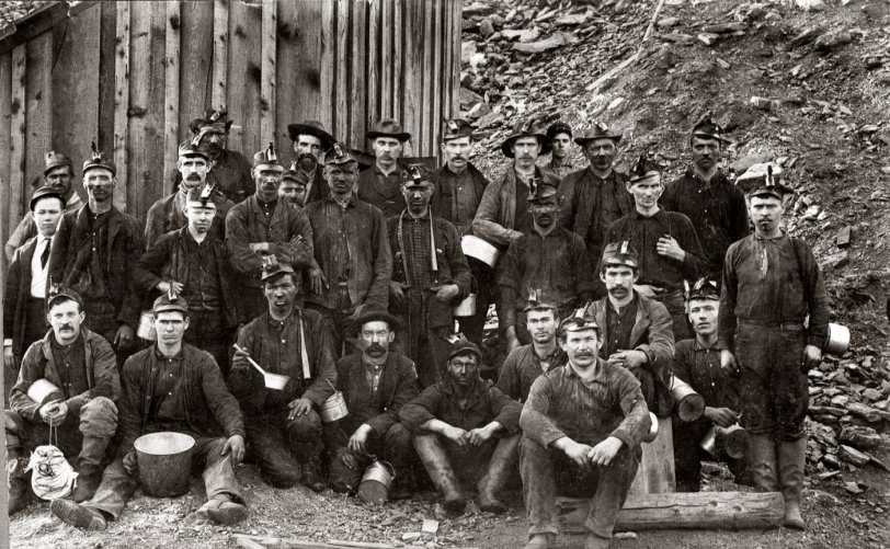 Miners from near Hazleton, PA. Exact year unknown (probably early 1900s). My great-grandfather is the bottom-left miner. View full size.