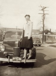 My mother, at age 23, Wayne County, Michigan, 1942.
When I was growing up, it seemed like she was always telling me to get down from something: kitchen counters, trees and even rooftops.  
Image courtesy of the Box of Curly Photos from my parents. View full size.
(ShorpyBlog, Member Gallery)