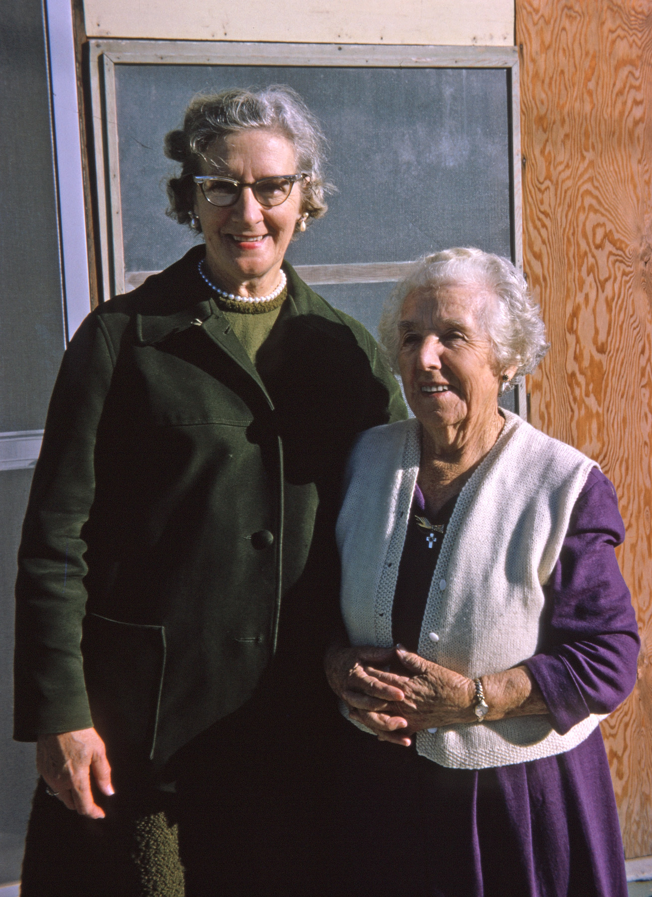 My mother and my father's mother on a chilly January day in 1966. Kodachrome slide I took in Calpella, California, where my grandfather raised grapes from 1915 to 1953. View full size.