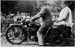 This is my wife's grandfather and grandmother. He was the manager of Bonnyrigg (Midlothian, Scotland) Gasworks. His surname was Bishop but strangely enough my wife can't recall his first name. The bike has been identified as a 1927 Model W Triumph. The photo was probably taken in the 1930s. View full size.
(ShorpyBlog, Member Gallery)
