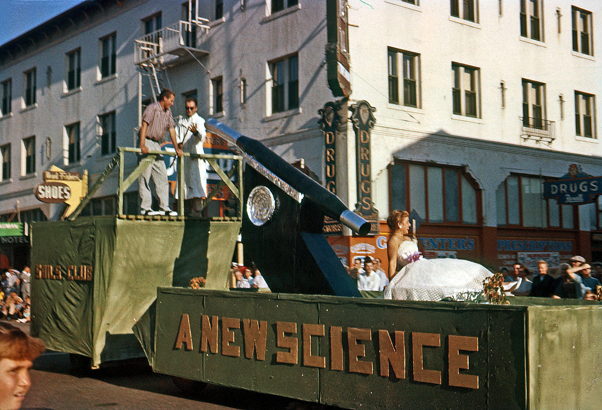 1956 Cal Poly Homecoming Parade, San Luis Obispo, Calif. The Soils Club float "A New Science." Shot by my brother on 35mm Ektachrome. View full size.