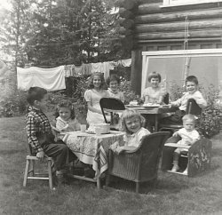 The Burns kids visit the Carpenters in North Vancouver, B.C. for an outdoor birthday party in 1957. 
