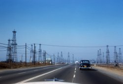 Near Los Angeles, November 1956. Photographed by my brother on 35mm Kodachrome. View full size. Attention period filmmakers: center stripes on California highways were white in the 1950s, not yellow.