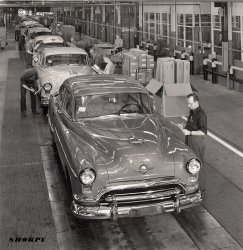 "1951 Oldsmobile final assembly." View full size. Ex General Motors archives.
