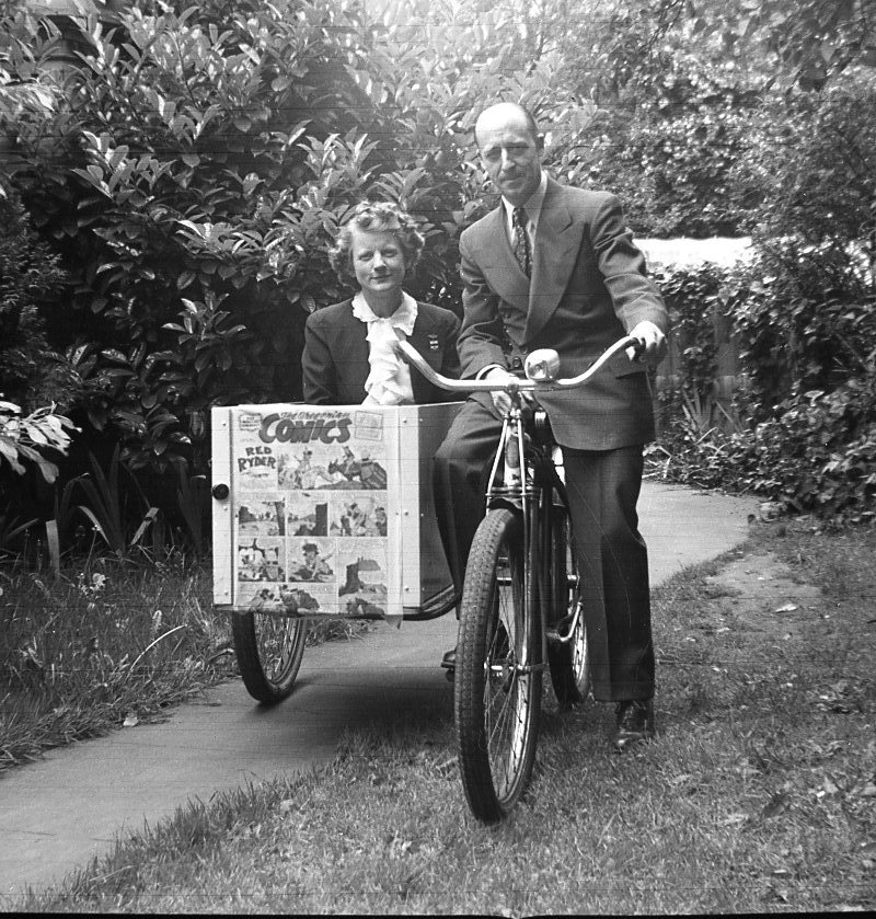 Yet another goofy photo from the box of old negatives that belonged to Grandpa Boothby. Tom and Winnie appeared to have a lot of fun, this time riding around in this comic mobile, with a Red Rider Cartoon festooned upon it. I guess if you can date that cartoon, you can date the photo. It appears to be published via the Oregonian. View full size.