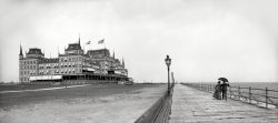 &nbsp; &nbsp; &nbsp; &nbsp; The Oriental Hotel, at the eastern end of the Coney Island peninsula, opened in 1880 and was demolished in 1916.
1903. "Oriental Hotel and boardwalk, Manhattan Beach, Brooklyn, New York." Panorama of two 8x10 glass negatives, Detroit Publishing Co. View full size.