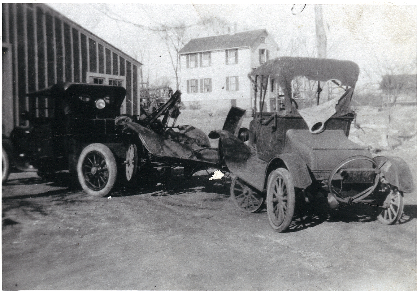 Brainerd's Garage, Stony Creek, CT. Our first wrecker, a 1911 Pope Hartford dragging in two very tired looking Model T Fords. Taken sometime in the early 1920's the garage looks the same today although we no longer do our own towing.