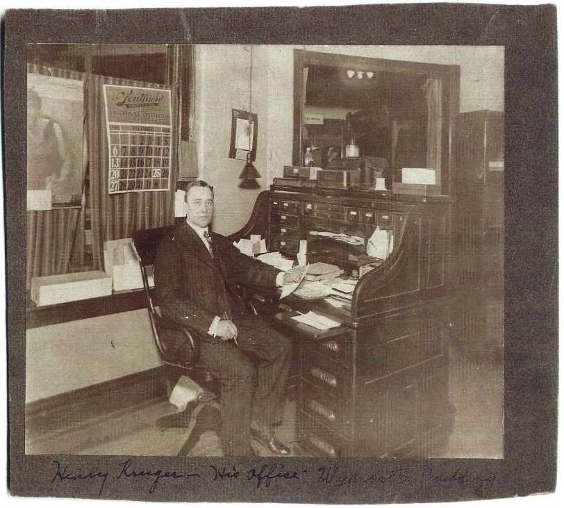 My great-great uncle Henry Kruger in his office, Columbus, Ohio December, 1908. He accompanied his sister, Augusta, and her three children from Hamburg, Germany, to Westfield, NY, to join her husband, William Granewitsch. Henry and William were both tailors. Henry moved to Columbus, Ohio, to work for the largest tailor in the country, "Goodman". He held various positions in the men's apparel trade. View full size.
