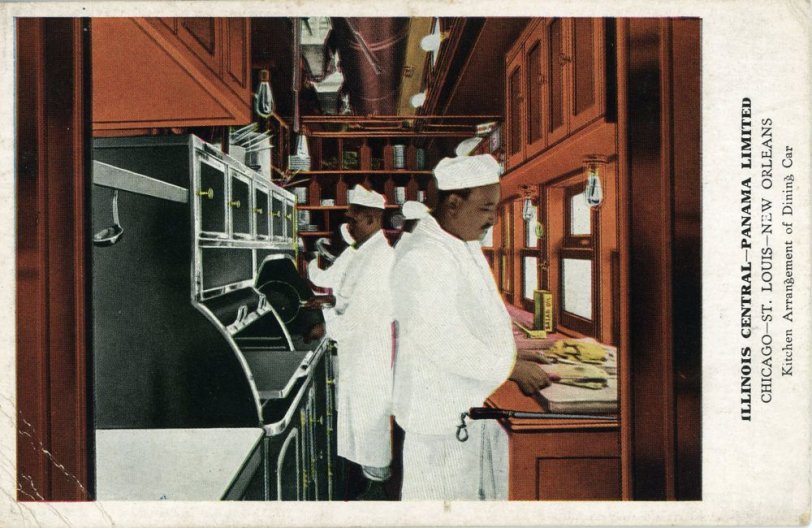 Circa 1910 postcard showing the dining car galley on the famous Panama Limited, an all-Pullman passenger train operated by the Illinois Central Railroad between Chicago and New Orleans. From my collection.
