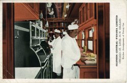 Circa 1910 postcard showing the dining car galley on the famous Panama Limited, an all-Pullman passenger train operated by the Illinois Central Railroad between Chicago and New Orleans. From my collection.
(ShorpyBlog, Member Gallery)