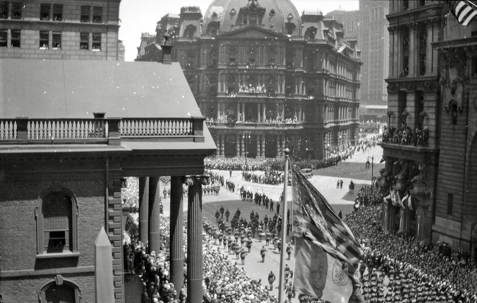 Parade in New York City in the 1920s. The building in back is the old courthouse and post office, at the time referred to as Mullet's Monstrosity. Torn down in 1939, it was located on Broadway right by City Hall. First of five shots of the parade in an envelope of negatives I bought recently. View full size.