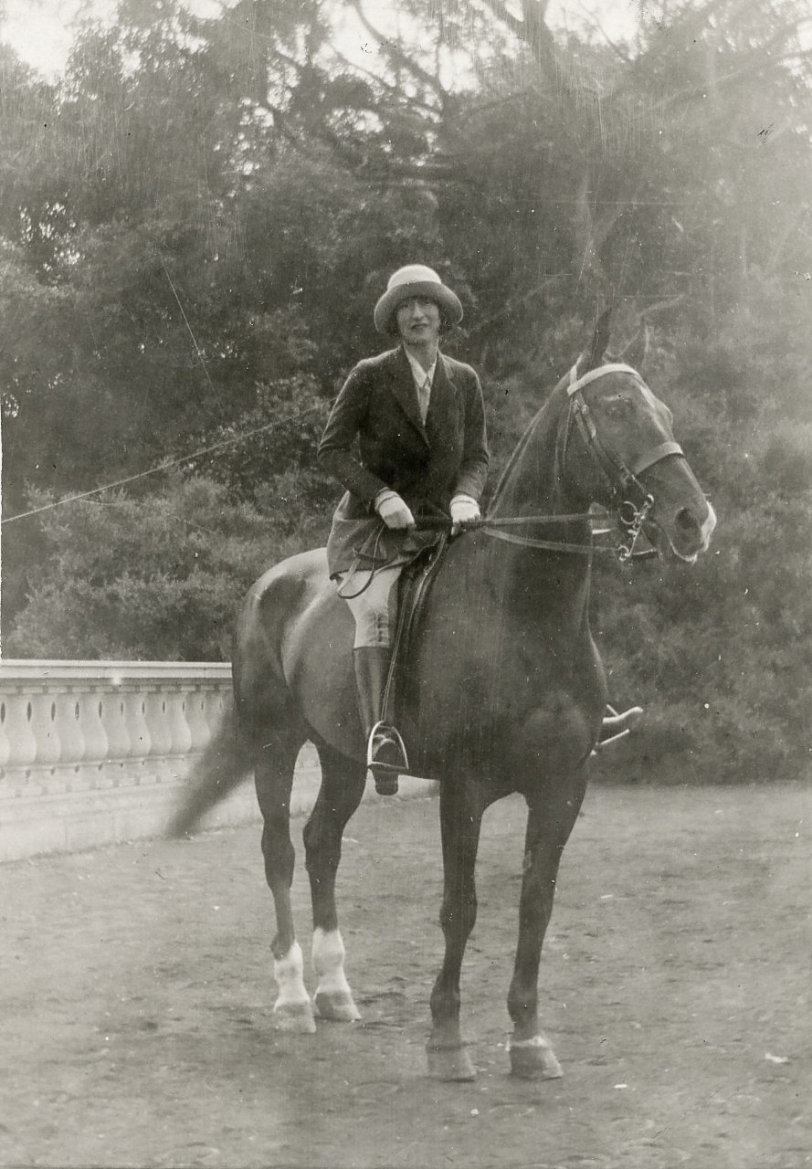 My mother, Gladys Wagner, riding in Golden Gate Park, San Francisco in the 1920s.  She was probably modeling the riding habit. View full size.
