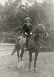 My mother, Gladys Wagner, riding in Golden Gate Park, San Francisco in the 1920s.  She was probably modeling the riding habit. View full size.
(ShorpyBlog, Member Gallery)