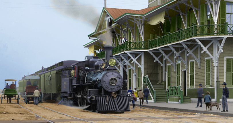 A closer view of the train in Pensacola 1906, colorized. View full size.
