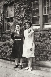 My then 14-year-old future mother poses with her mother in front of their Brooklyn, New York apartment to commemorate my mother’s junior high school graduation, while a neighbor watches what is going on from her window.
(ShorpyBlog, Member Gallery)
