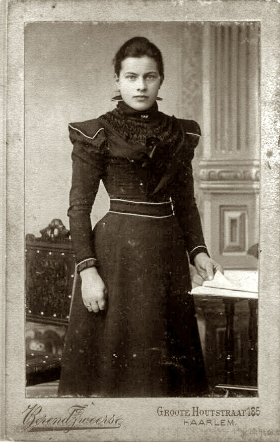 My great-grandmother Pietertje Thedinga, picture taken at the end of the 19th century in Haarlem, The Netherlands, by Berend Zweers it seems. She was a seamstress and a very pretty girl indeed. She lived to be 96 and passed away when I was 11. 
