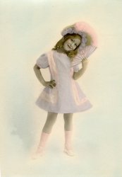 Taken in San Francisco of my mother, Gladys Wagner, when she was very young in the 1900s.  The photo is hand colored. View full size.
(ShorpyBlog, Member Gallery)