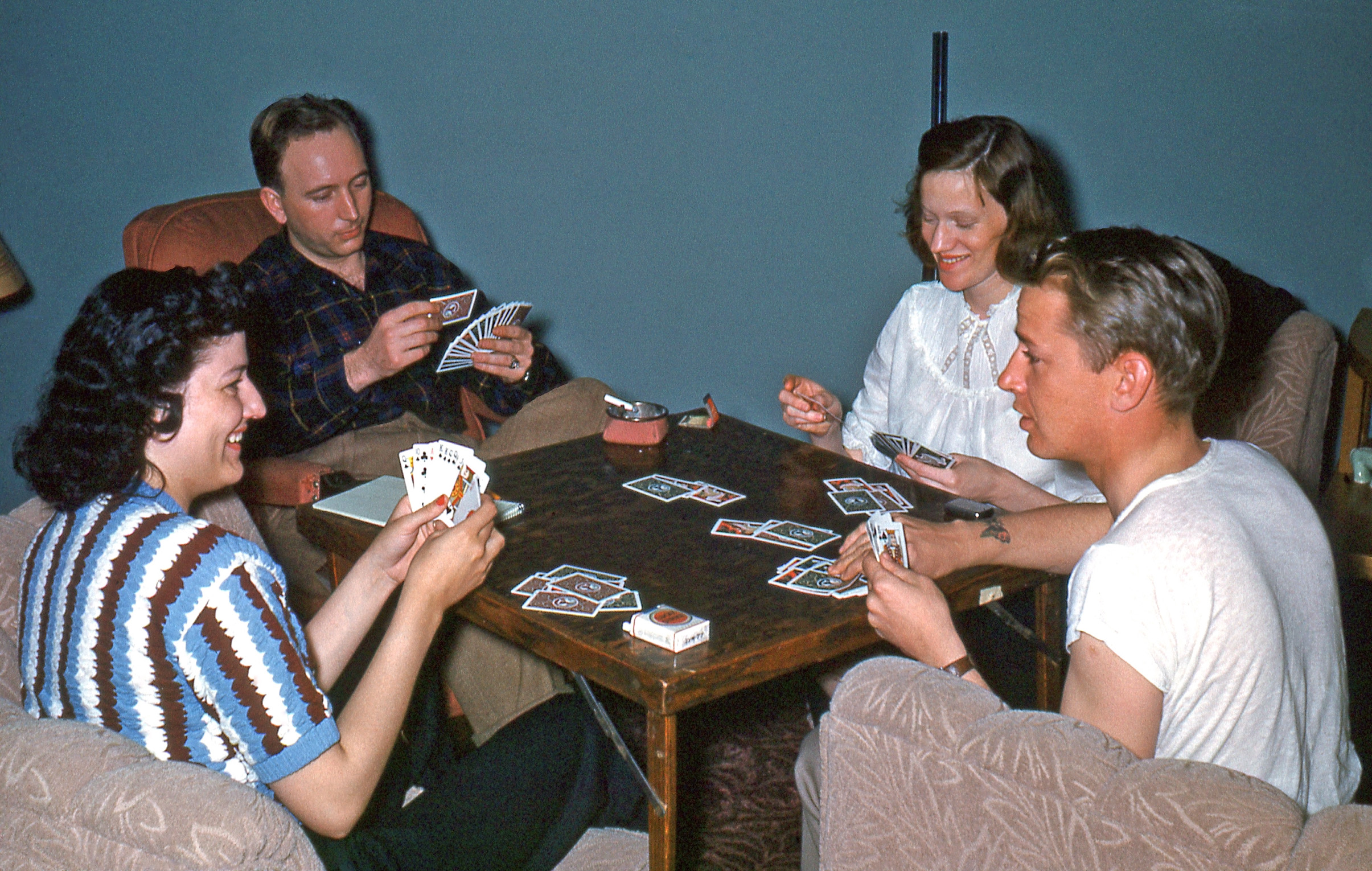 Somewhere in the 1950s, with a hand that seems suspiciously good. Another Kodachrome slide from the same box as These Three and Dressed to Smoke, found in a thrift store. View full size.
