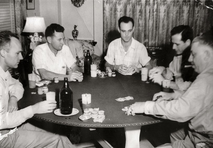 Poker night with the boys, sometime in the late 40's. Grandpa Frank is 2nd from left. View full size.
