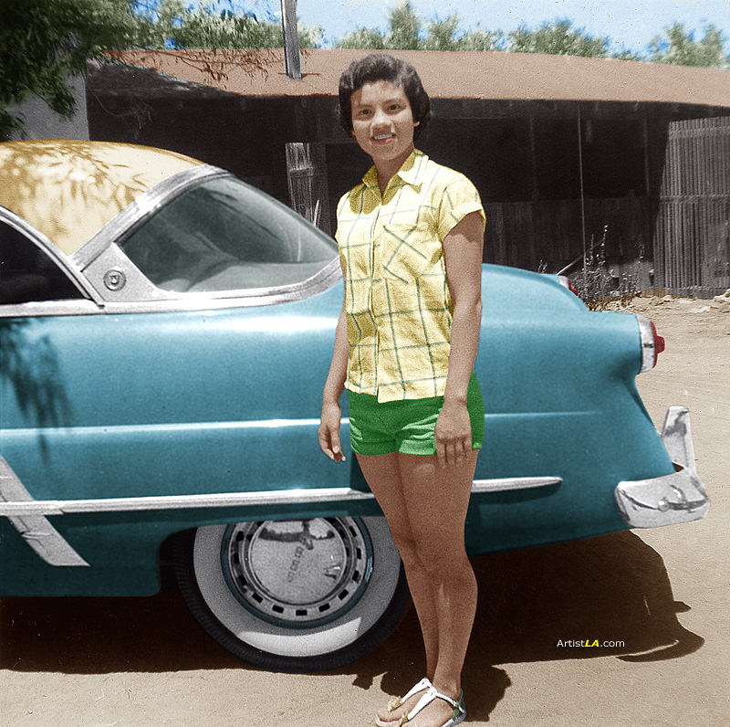 Just a nice photo of a pretty girl and a brand new Ford Victoria. The blue color was found in a Ford Motor Company brochure: Glacier Blue with Sungate Ivory Top. It's amazing how color adds a 3D feeling to black &amp; white photos. View full size.

