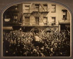 This picture shows the funeral of my great-grandfather, Robert Vanella, in May of 1929. He was the proprietor of the Vanella Funeral Chapel on Madison Street in Manhattan and reportedly nicknamed the "Mayor of Madison Street."  View full size.
(ShorpyBlog, Member Gallery)